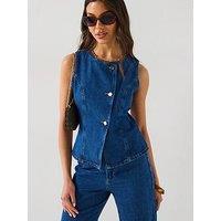 V By Very Denim Asymmetric Button Co-Ord Top - Mid Wash