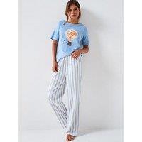 Everyday Croissant Short Sleeve T-Shirt With Wide Leg Pyjama Set - Blue