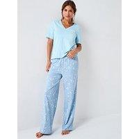 Everyday V Neck Short Sleeve T-Shirt With Stripe Wide Leg Pyjama Set - Blue
