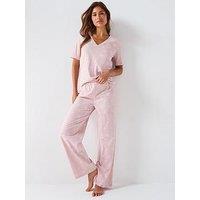 Everyday V Neck Ribbon Print Short Sleeve And Wide Leg Pyjama Set - Pink