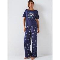 Everyday Short Sleeve Coffee Cup T-Shirt With Wide Leg Pj Set - Navy