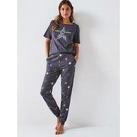 Everyday Star Print Short Sleeve And Jogger Pj Set - Grey