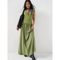 V By Very V Neck Drop Waist Midaxi Dress - Green