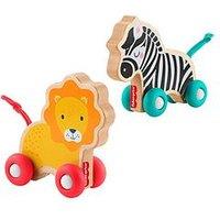 Fisher-Price Wooden Push Along Animals, Lion & Zebra Toy Vehicles For Baby Crawling Play