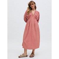 Raffya Soipoi Ruched V-Neck Midi Dress - Pink