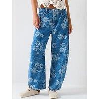 Free People Good Luck Floral Printed Barrel Jean - Blue