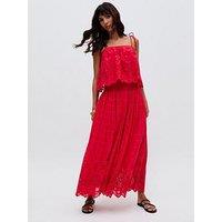 Raffya Mirella Smocked Waist Embroidered Midi Skirt - Red