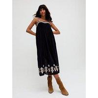 Raffya Theodora Spaghetti Strap Embroidered Midi Dress - Black