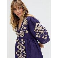 Raffya Arianna V- Neck Embroidered Maxi Dress - Blue