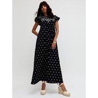 Raffya Willow Embroidered Shirring Jacquard Maxi Dress - Black