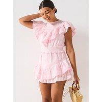 V By Very Embroidered Frill Front Playsuit- Pink