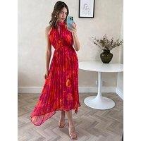 Style Cheat Halter Neck Pleated Trapeze Dress - Pink