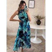 Style Cheat Halter Neck Pleated Trapeze Dress - Blue