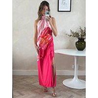 Style Cheat Halter Neck Tropical Floral Midi Dress - Pink