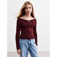 New Look 915 Girls Burgundy Cable Knit Zip Through Bardot Jumper