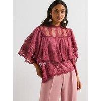 V By Very Sheer Lace Frill Short Sleeve Blouse - Pink