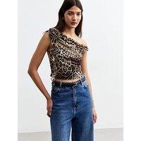 New Look Corsage Leopard Print One Shoulder Top - Brown