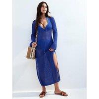 New Look Bright Blue Crochet Tie Neck Maxi Dress