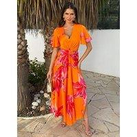 Ax Paris Floral Print Cut Out Detail Midi Dress - Orange