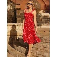 Sosandar Red Spot Print Tie Shoulder Tiered Hem Maxi Dress