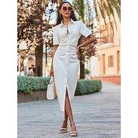 Sosandar Ivory Ruched Waist Popper Front Denim Dress
