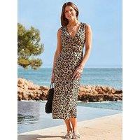 Sosandar Printed Animal Linen Column Wrap Buckle Detail Midi Dress