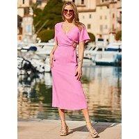 Sosandar Angel Sleeve Wrap Linen Buckle Detail Midi Dress