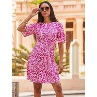 Sosandar Animal Print Fluted Sleeve Fit & Flare Dress - Pink