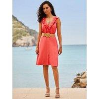 Sosandar Belted Ruffle Front Linen Dress