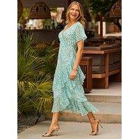 Sosandar Green Abstract Print Layered Hem Angel Sleeve Maxi Dress