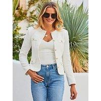 Sosandar White Boucle Collarless Jacket With Gold Button Detail