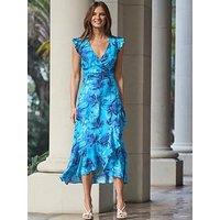 Sosandar Floral Print Wrap Ruffle Hem Midi Dress - Blue