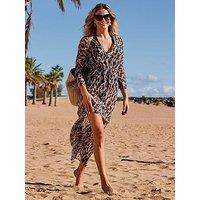Sosandar Leopard Print Tie Waist Fluted Sleeve Beach Kaftan - Multi
