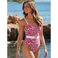 Sosandar Pink Aztec Print Belted Swimsuit - Pink