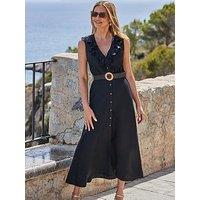 Sosandar Black Linen Blend Ruffle Detail Button Front Dress