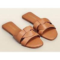 Sosandar Amore Leather Cross Strap Flat Mule Sandals - Tan