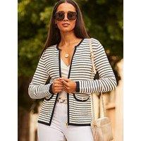 Sosandar Black & White Stripe Zip Detail Cardigan