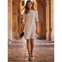 Sosandar Ivory & Black Spot Print Ruffle Hem Shift Dress