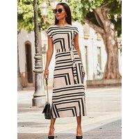 Sosandar Ivory & Black Geometric Print Stretch Waist Midi Dress - Multi