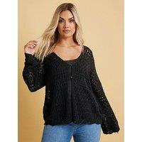Yours Curve Button Through Crochet Cardigan - Black