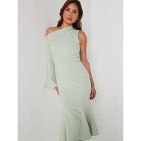 Lavish Alice Asymmetric Sleeve Micro Button Long Midi Dress - Green