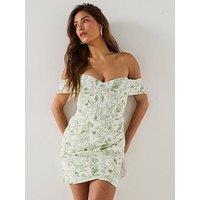 Lavish Alice Off Shoulder Lace Up Mini Dress - Green