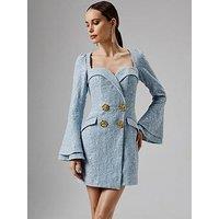 Lavish Alice Boucle Oversized Rose Button Blazer Mini Dress - Blue