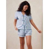Chelsea Peers Seersucker Starfish Stripe Print Tie Front Pyjama Set - Blue/Pink