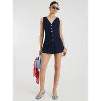River Island Button Up Wrap Playsuit - Dark Denim - Navy