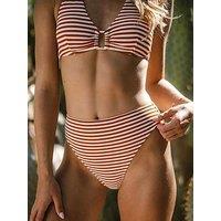 Chelsea Peers Stripe High Waisted Rib Bikini Bottom - Rust Orange & Off White