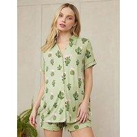 Chelsea Peers Maternity V Neck Button Up Short Pyjama Set - Detailed Cacti Print
