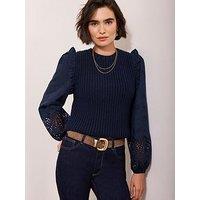 Mint Velvet Cotton Blend Broderie Sleeve Jumper - Navy