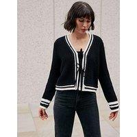 Mint Velvet Contrast Cotton Blend Trim Cardigan - Black