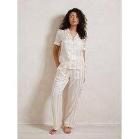 Chelsea Peers Long Button Up Set With Short Sleeves In Satin Jaquard Stripe - White